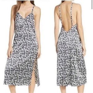 Something navy blue white floral midi satin sheen textured slip dress slit M